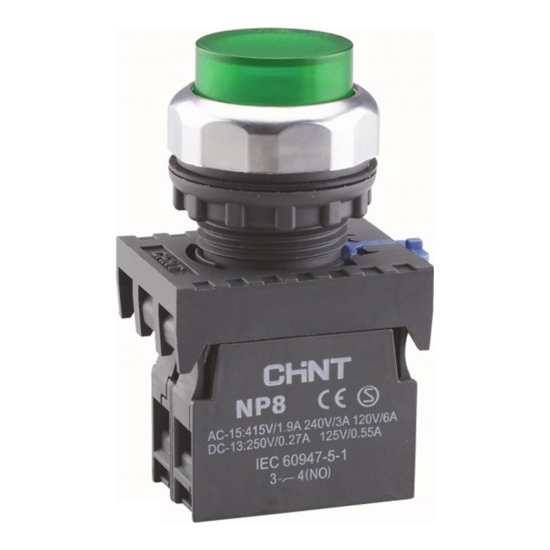 NP8-10GND/3 230V - Кнопка зелёная выступающая (1NO) с LED подсветкой AC 110-230V, IP65 фото 1