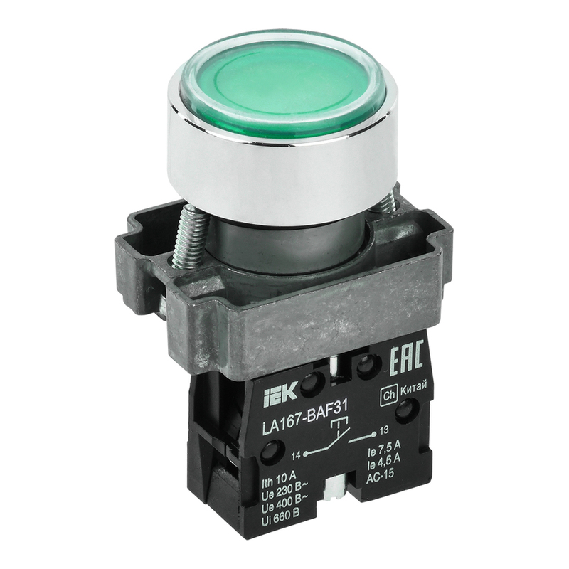 Кнопка LA167-BAF31 d=22мм 1з зеленая IEK фото 1