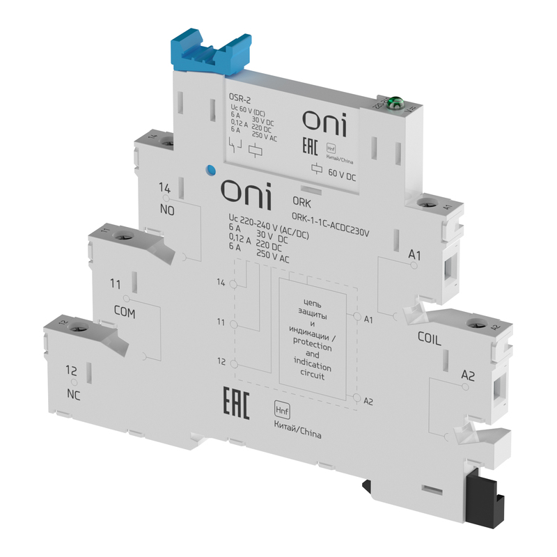 Реле интерфейсное ORK 6А, 1CO, с розеткой AC/DC 230В ONI фото 1